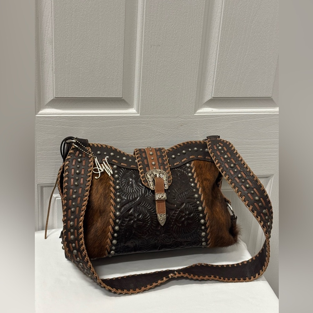 American West Vintage Studded Crossbody Messenger Leather Women Bag - Picture 4 of 16